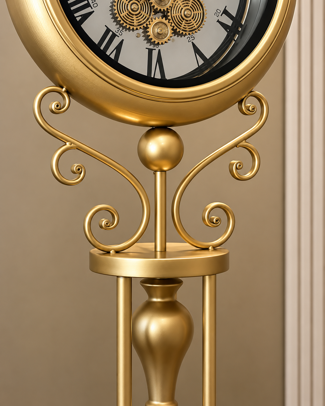 Classic Crown Luxury Designer Silent Movement Standing Clock With Moving Gear Mechanism (Steel Body) (With Light & Remote)