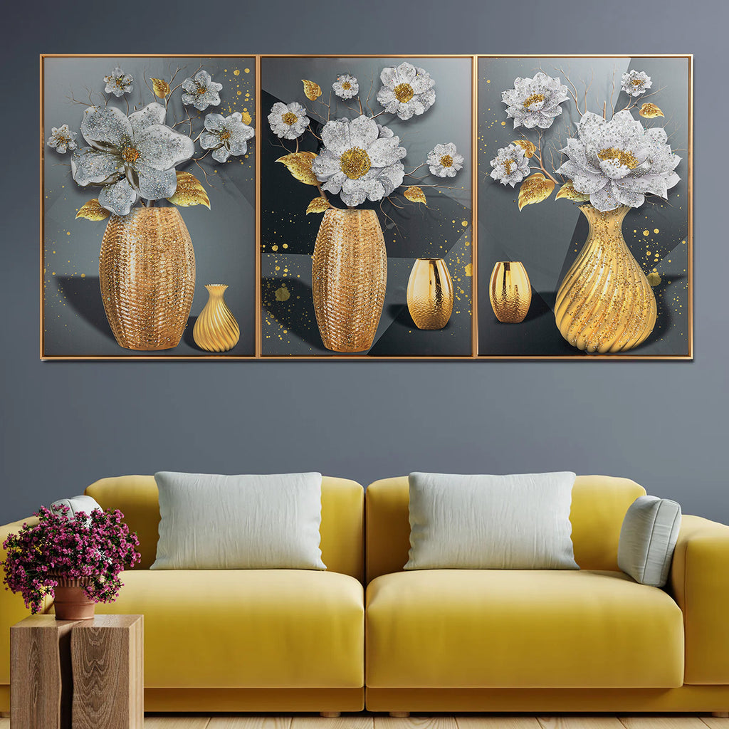 Divine Floral Dimensions Crystal Decorative Colorful Wall Painting for Home Wall - Set of 3