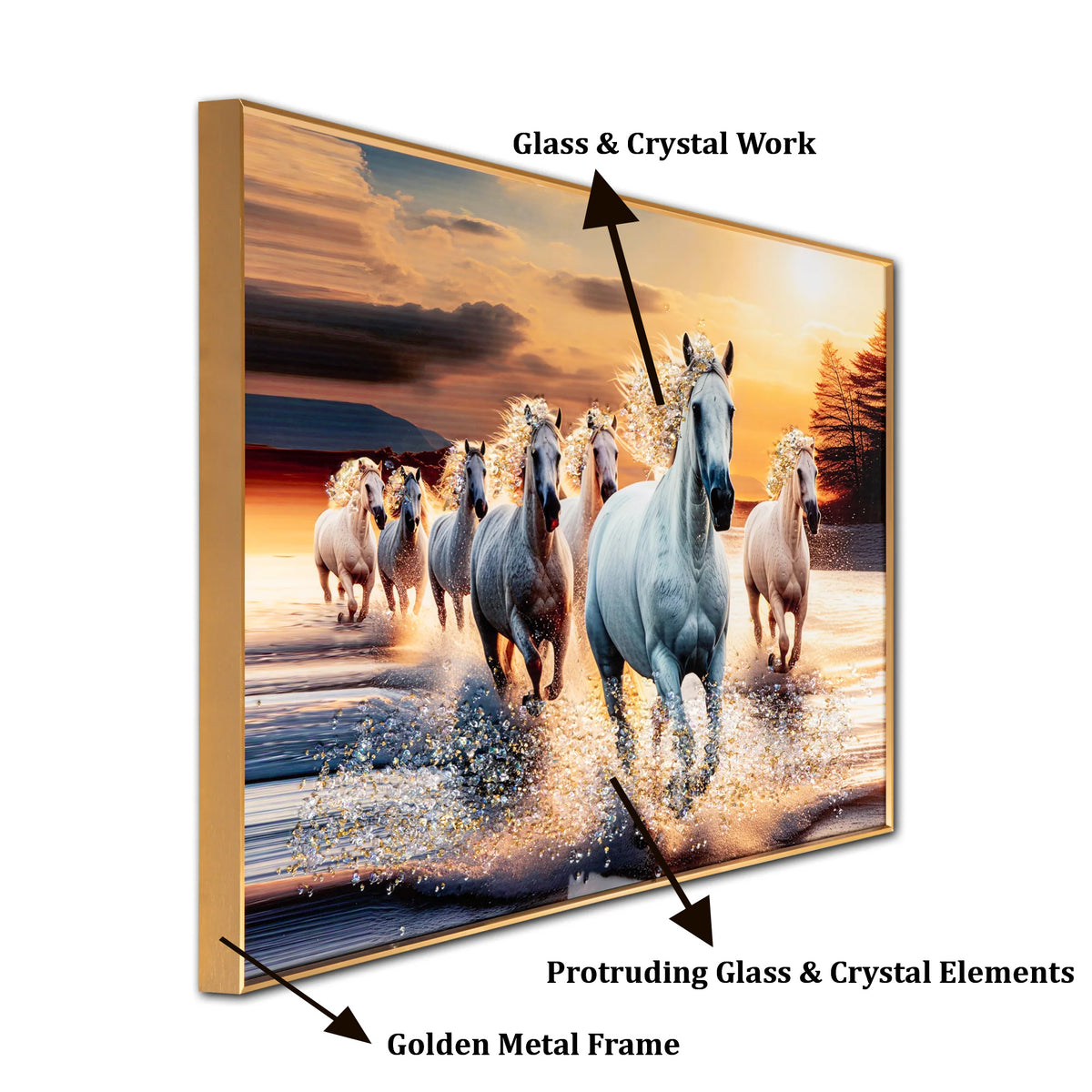 Sunrise Serenade of Seven White Running Horses Crystal Glass Painting