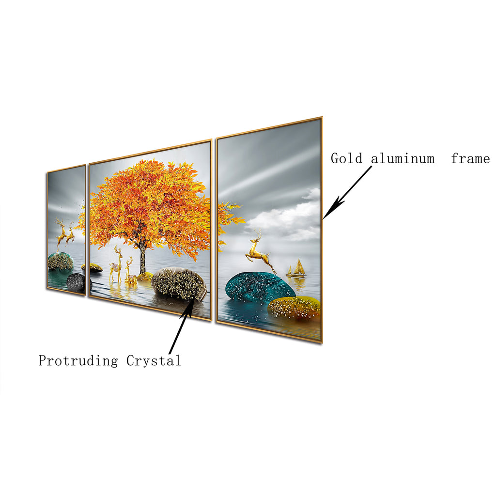The Golden Glory Framed Crystal Glass Nature Painting - Set of 3 (B)