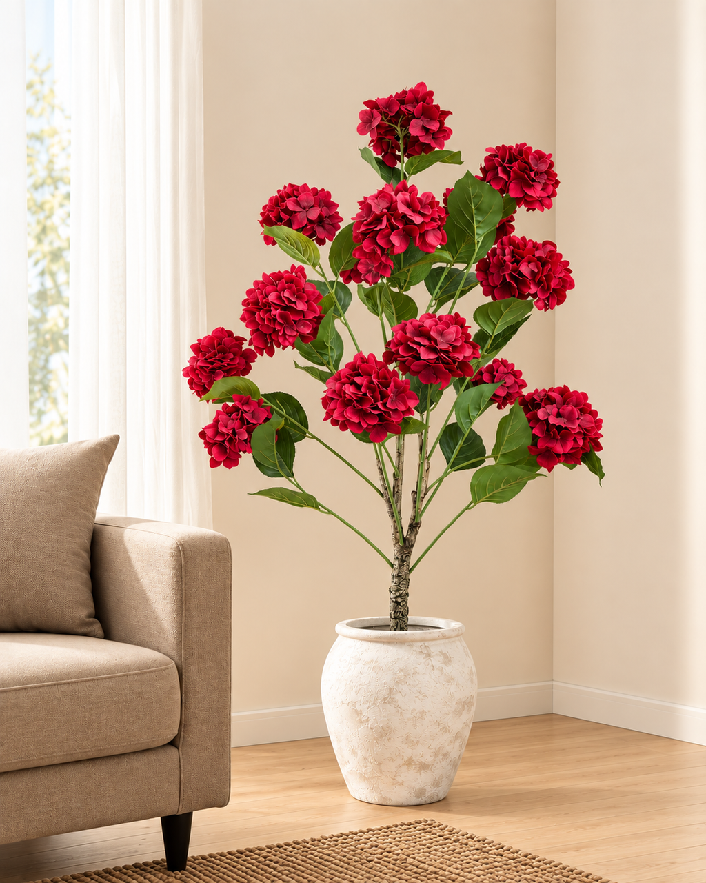Hydrangea Floral Artificial Indoor Plant For Home - Red  ( Natural feel )  ( 5.1 Feet )