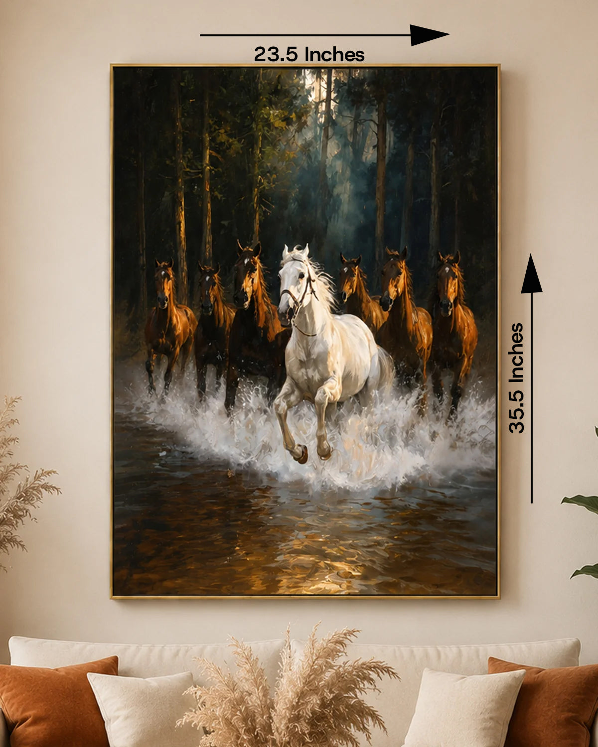 Seven Wild Horses in the Water Embossed Wall Painting for Home & Item for Wall Decoration ( 35.5 x 23.5 Inches )