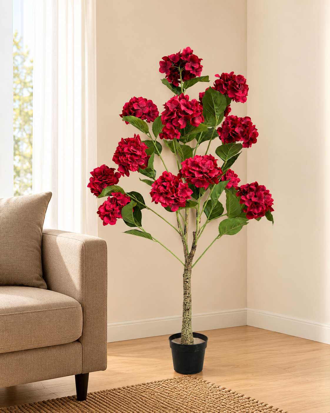 Hydrangea Floral Artificial Indoor Plant For Home - Red  ( Natural feel )  ( 5.1 Feet )