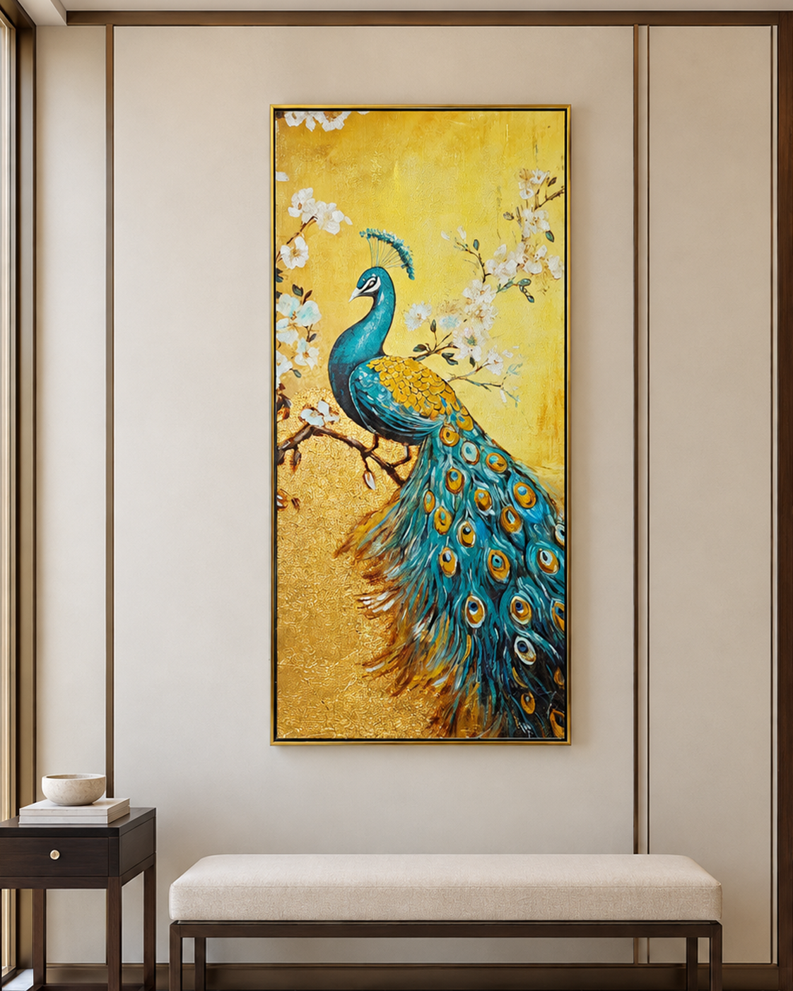 Garden of Royalty 100% Hand Painted Wall Painting (With Golden Outer Floater Frame frame) (27.5x55 Inches)