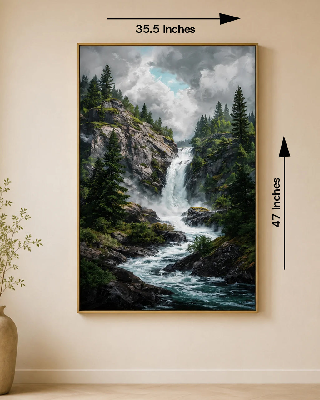 Waterfall Valley Embossed Nature Wall Art Paintings for Home & Item for Wall Decoration - Big ( 47 x 35.5 Inches )