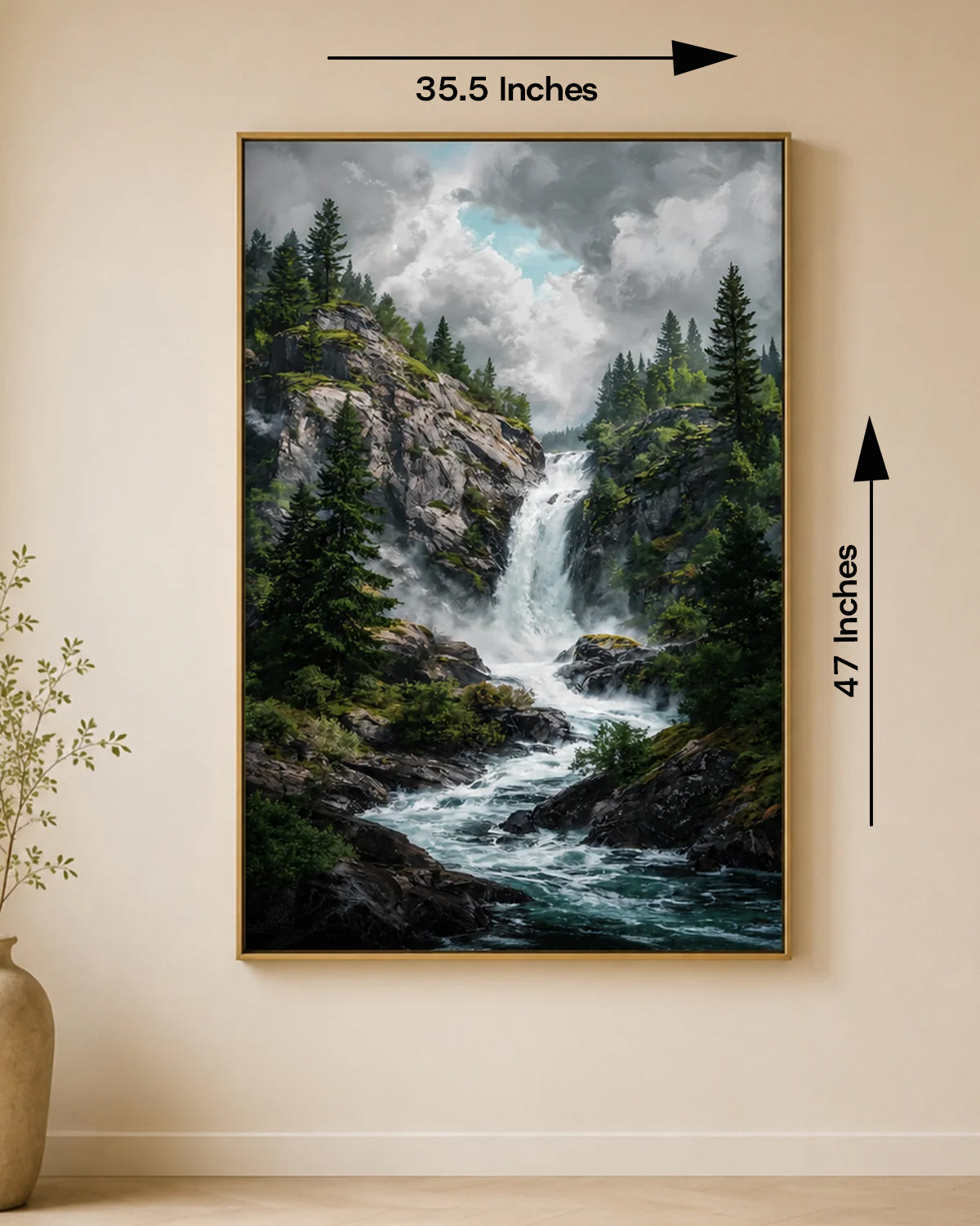 Waterfall Valley Embossed Nature Wall Art Paintings for Home & Item for Wall Decoration - Big ( 47 x 35.5 Inches )