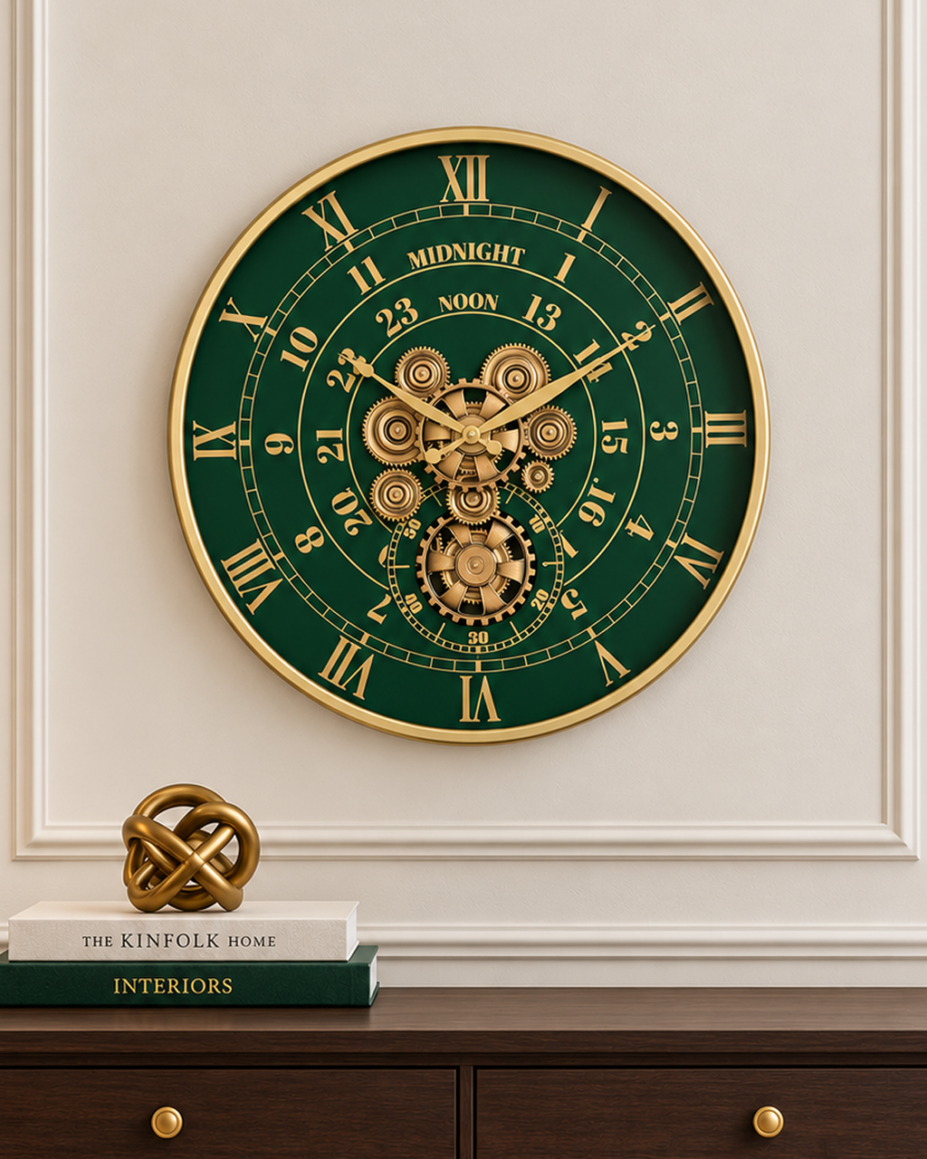 Mystic Motion Luxury Designer Silent Movement Wall Clock For Living Room With Moving Gear Mechanism - Big (Green) (Steel Body)