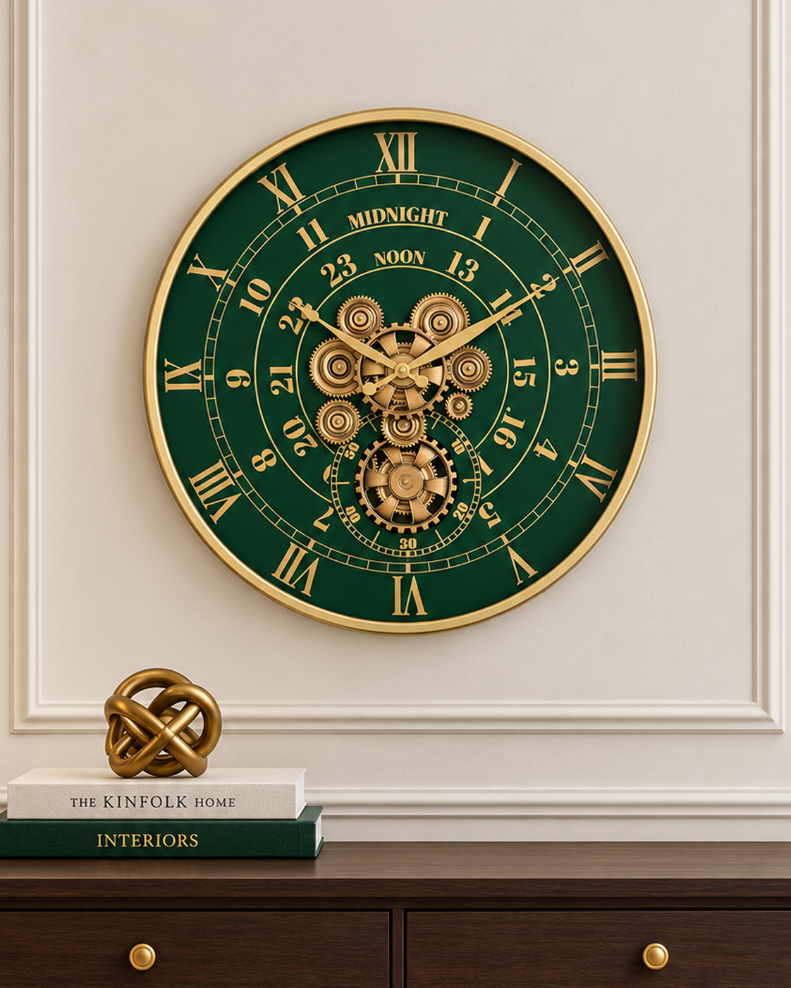 Mystic Motion Luxury Designer Silent Movement Wall Clock For Living Room With Moving Gear Mechanism - Big (Green) (Steel Body)