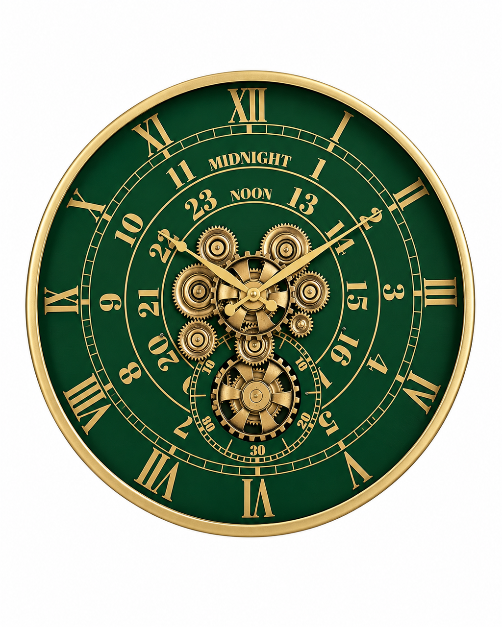 Mystic Motion Luxury Designer Silent Movement Wall Clock For Living Room With Moving Gear Mechanism - Big (Green) (Steel Body)