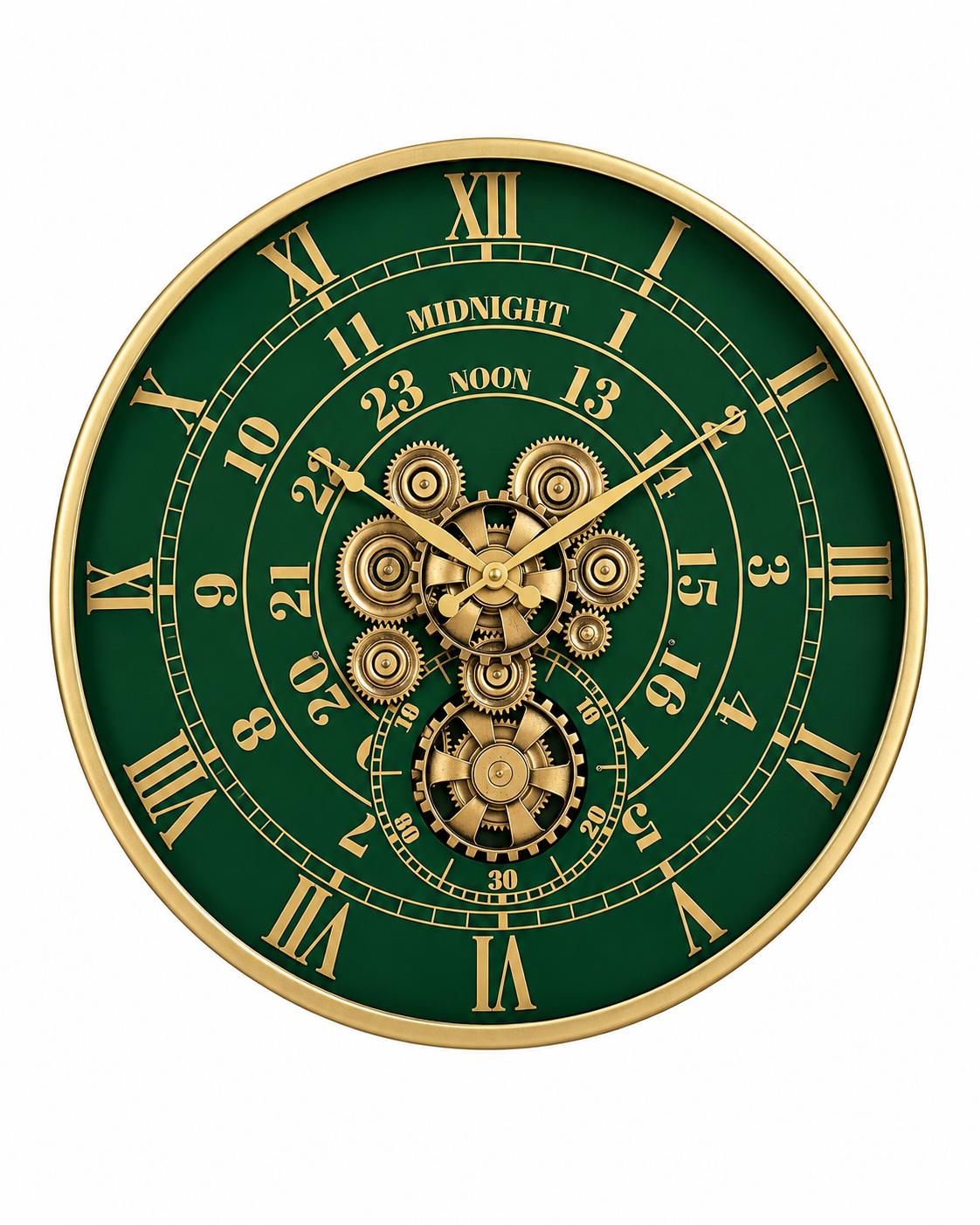 Mystic Motion Luxury Designer Silent Movement Wall Clock For Living Room With Moving Gear Mechanism - Big (Green) (Steel Body)