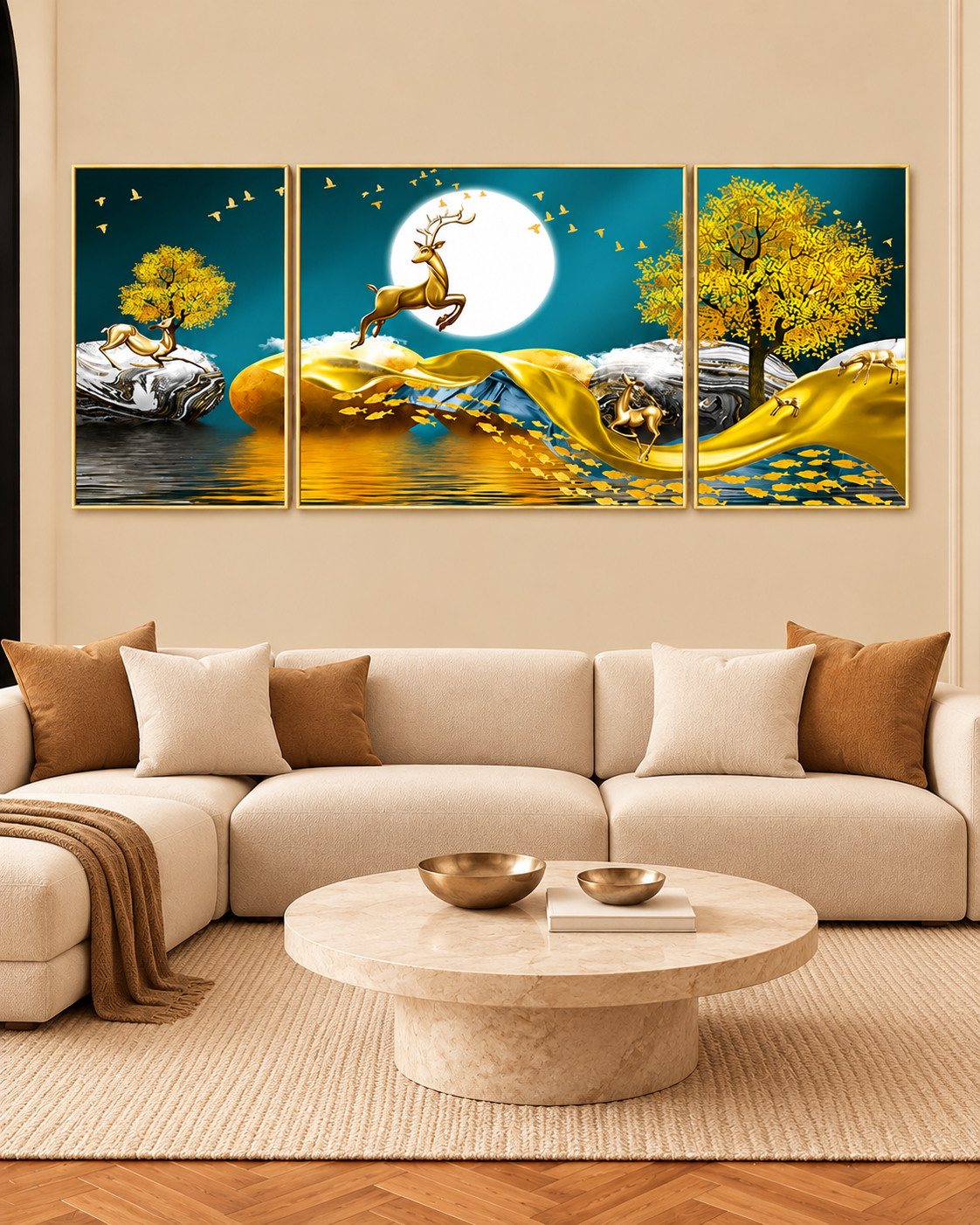 Mystical Moonlight Set of 3 Framed Canvas Wall Paintings for Home - Yellow