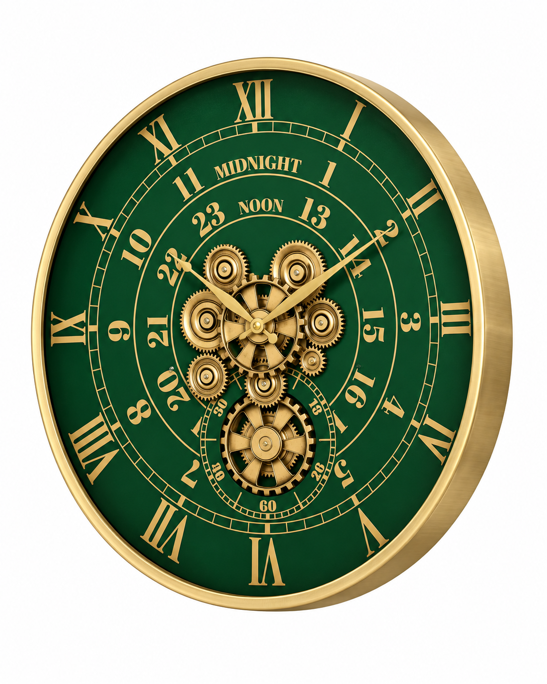Mystic Motion Luxury Designer Silent Movement Wall Clock For Living Room With Moving Gear Mechanism - Big (Green) (Steel Body)