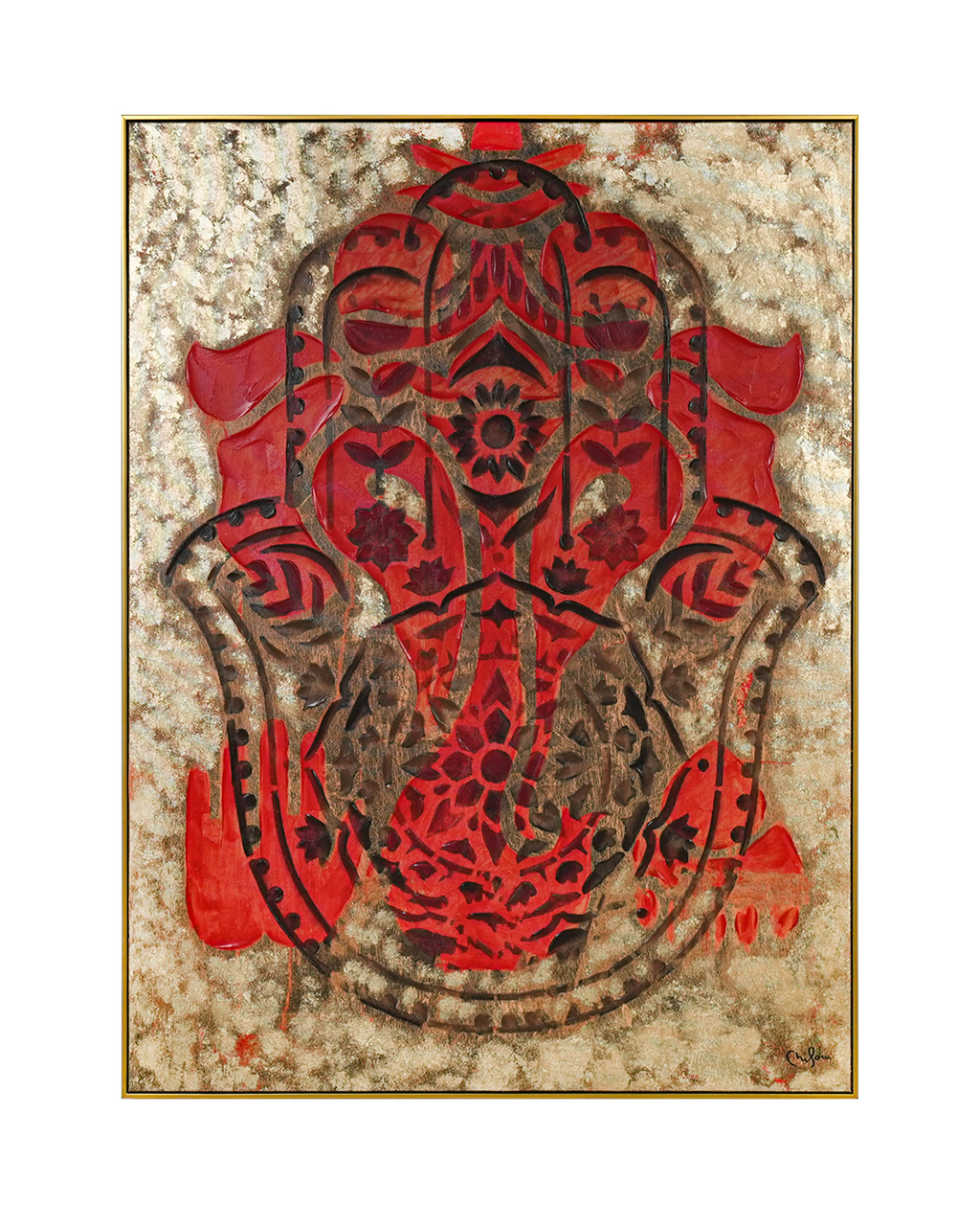 Blessings of Ganesha by PERRY MILOU 100% Hand Wall Painting For Home (With Outer Floater Frame frame) ( 35.5 x 47 Inches )