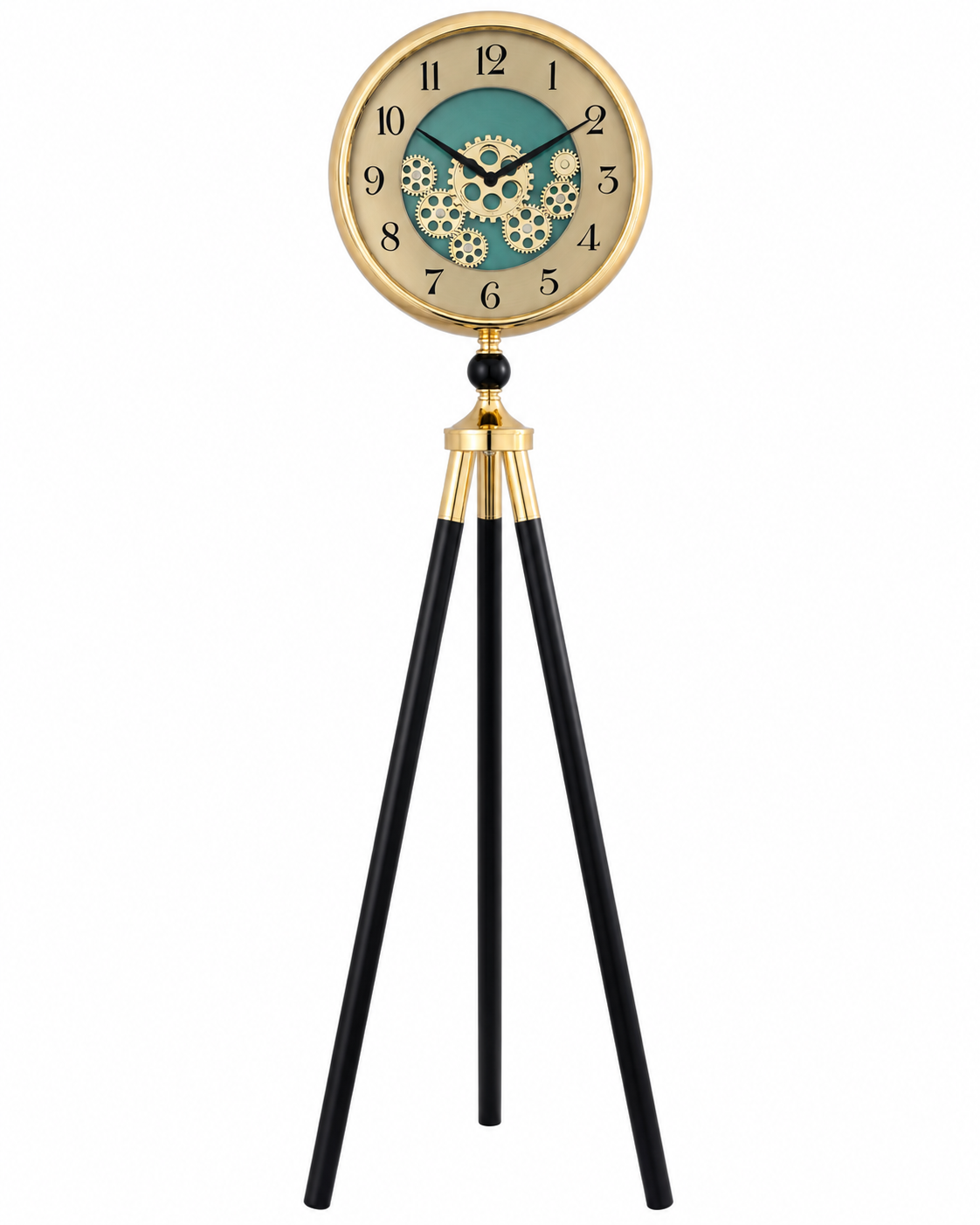 Orion Timekeeper Tripod Base Luxury Designer Silent Movement Standing Clock With Moving Gear Mechanism