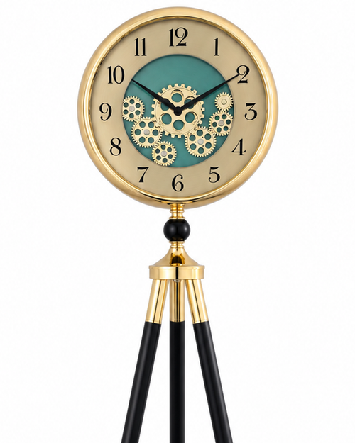 Orion Timekeeper Tripod Base Luxury Designer Silent Movement Standing Clock With Moving Gear Mechanism