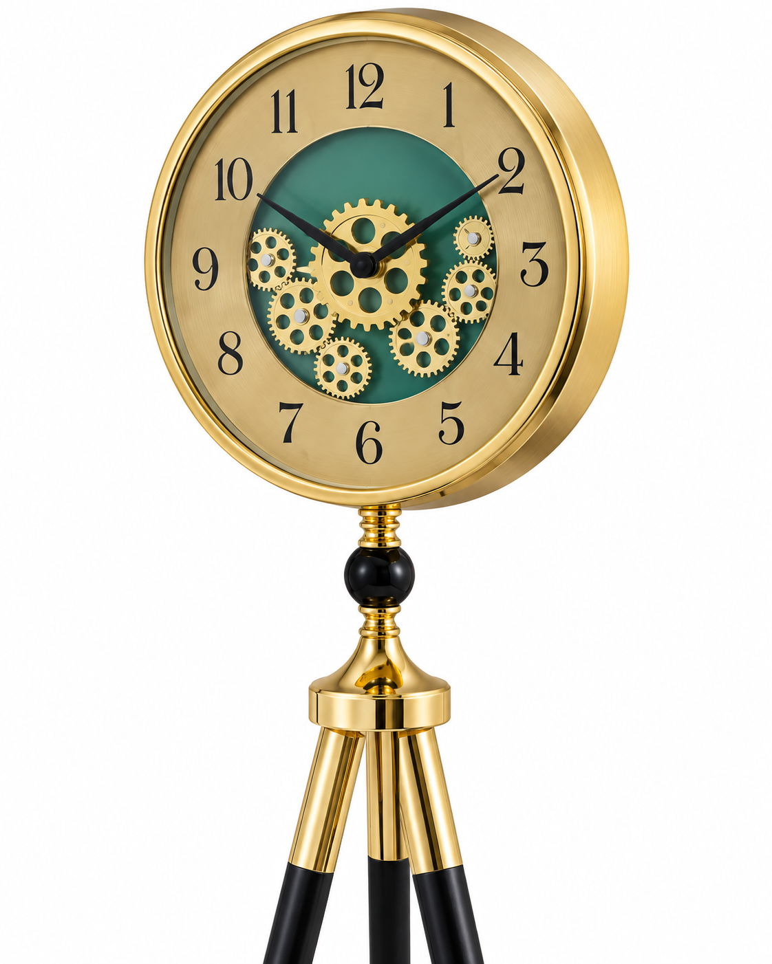 Orion Timekeeper Tripod Base Luxury Designer Silent Movement Standing Clock With Moving Gear Mechanism
