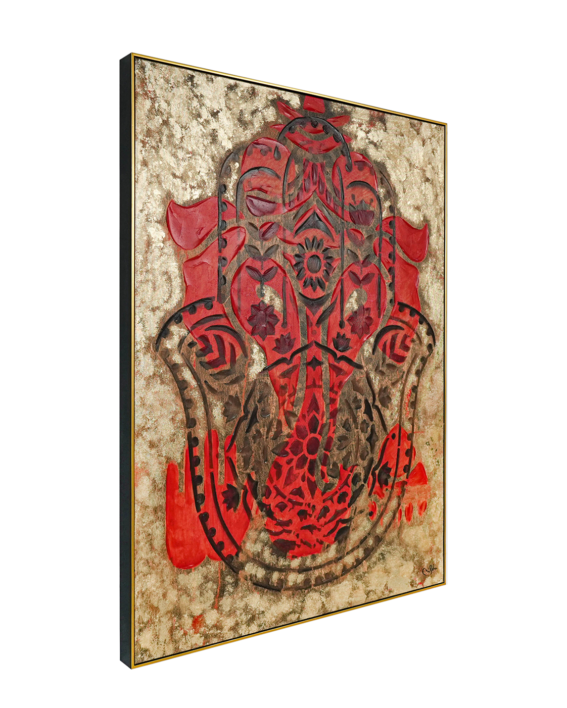 Blessings of Ganesha by PERRY MILOU 100% Hand Wall Painting For Home (With Outer Floater Frame frame) ( 35.5 x 47 Inches )