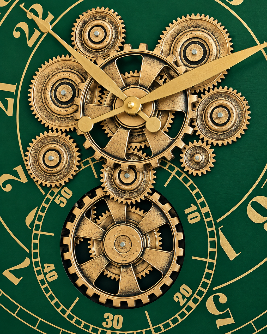 Mystic Motion Luxury Designer Silent Movement Wall Clock For Living Room With Moving Gear Mechanism - Big (Green) (Steel Body)