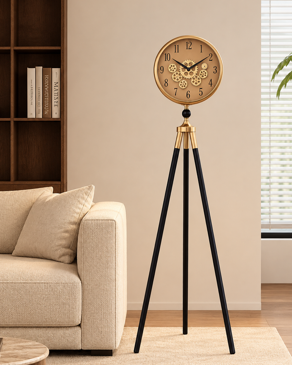 Momentum Dial Tripod Base Luxury Designer Silent Movement Standing Clock With Moving Gear Mechanism - Rose Gold