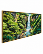 Hidden Falls 100% Hand Painted Wall Painting (With Golden Outer Floater Frame frame) (27.5x55 Inches)