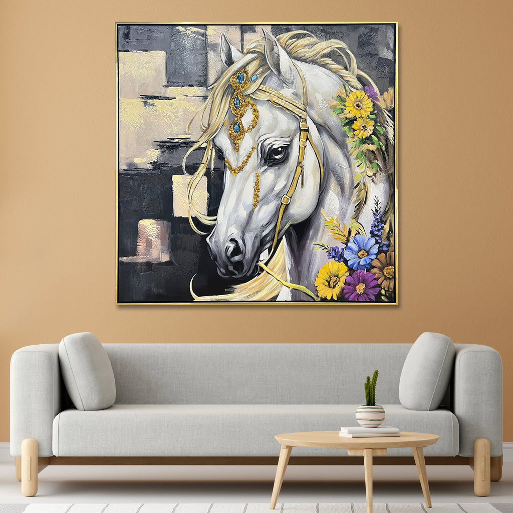 The Royal Equine Hand painting painting for home Wall (With Outer Floater Frame) (40x40 Inches)