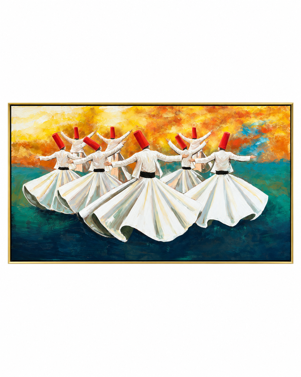 Dance of Devotion 100% Hand Painted Wall Painting (With Golden Outer Floater Frame frame) (27.5x55 Inches)