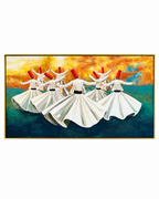 Dance of Devotion 100% Hand Painted Wall Painting (With Golden Outer Floater Frame frame) (27.5x55 Inches)