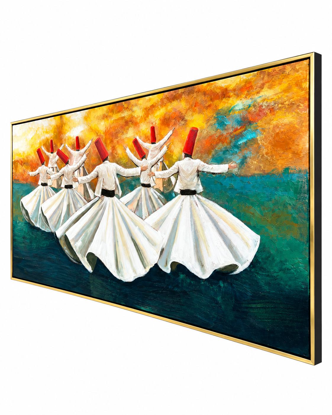 Dance of Devotion 100% Hand Painted Wall Painting (With Golden Outer Floater Frame frame) (27.5x55 Inches)