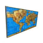 Global Odyssey World Map 100% Hand Painted Wall Painting (With Golden Outer Floater Frame frame) (27.5x55 Inches)