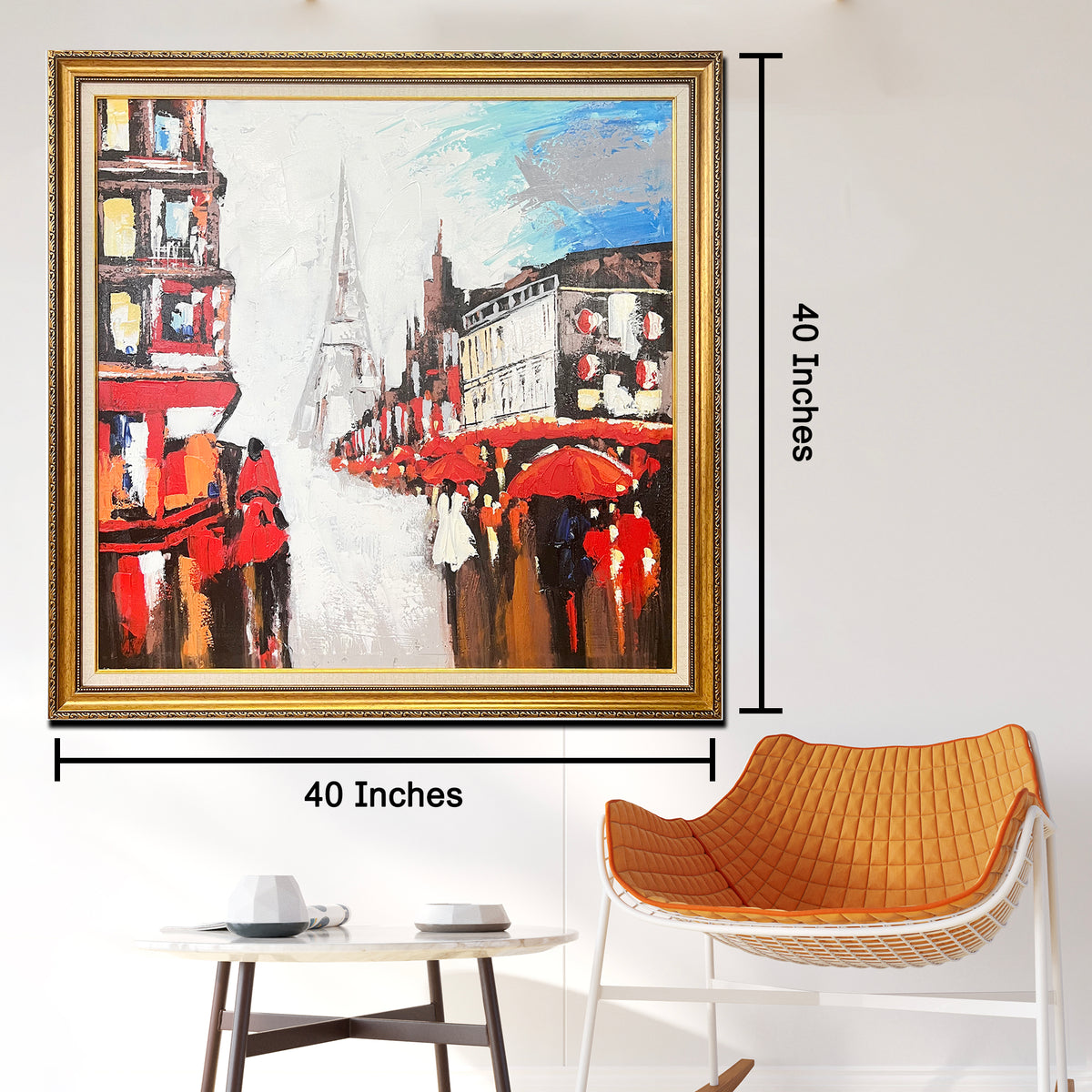 A Stroll in Paris 100% Hand Painted Wall Painting (With Outer Floater Frame) (40x40 Inches) (Victorian Frame)