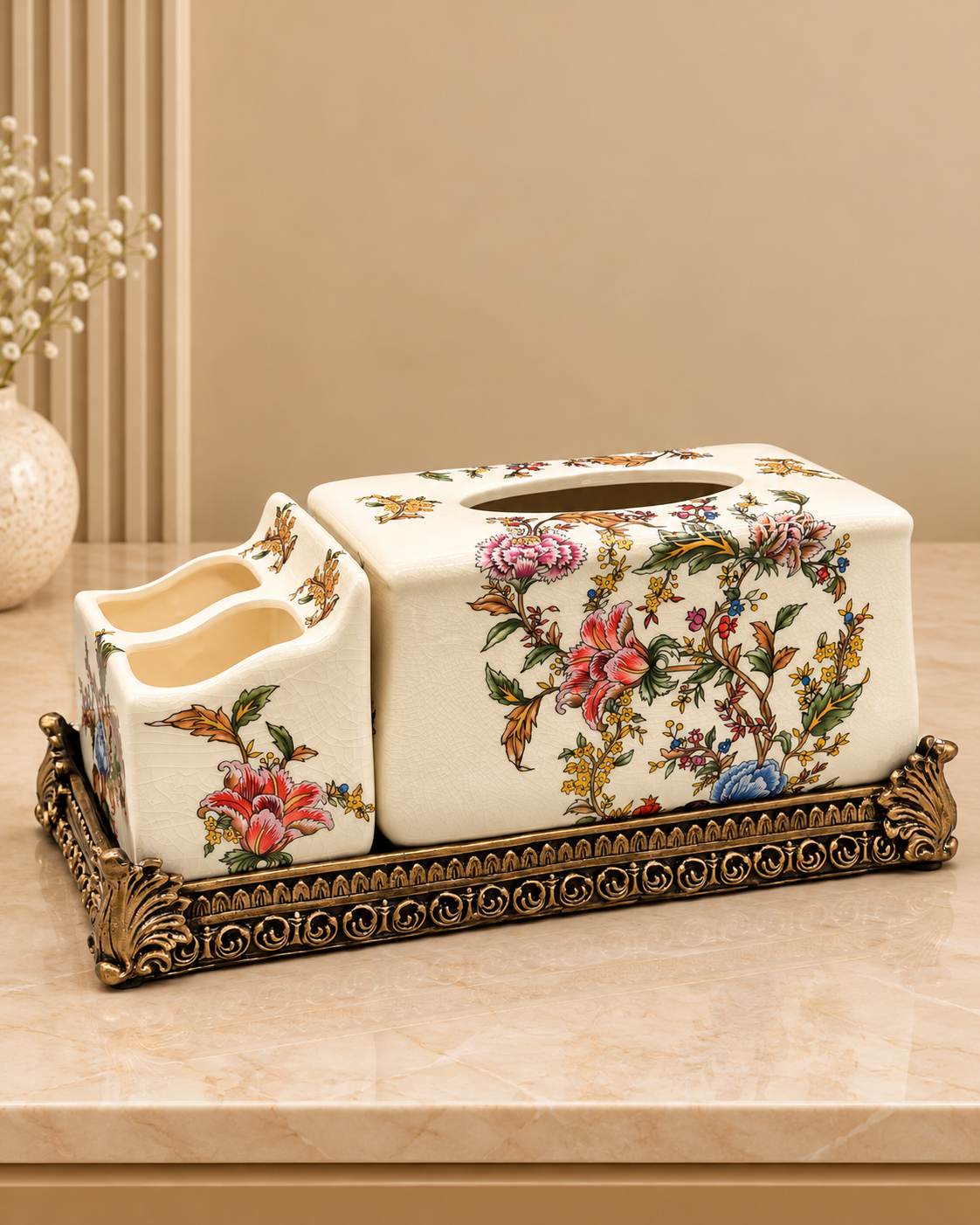 Vintage Floral Elegance Tissue Holder & Remote Organizer