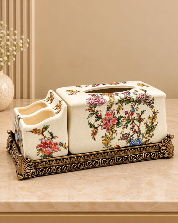 Vintage Floral Elegance Tissue Holder & Remote Organizer