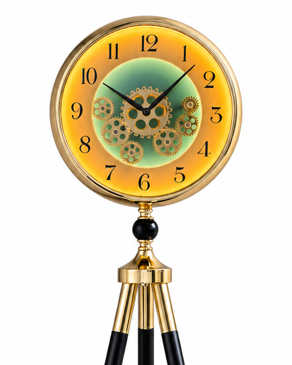 Orion Timekeeper Tripod Base Luxury Designer Silent Movement Standing Clock With Moving Gear Mechanism (With Light & Remote)