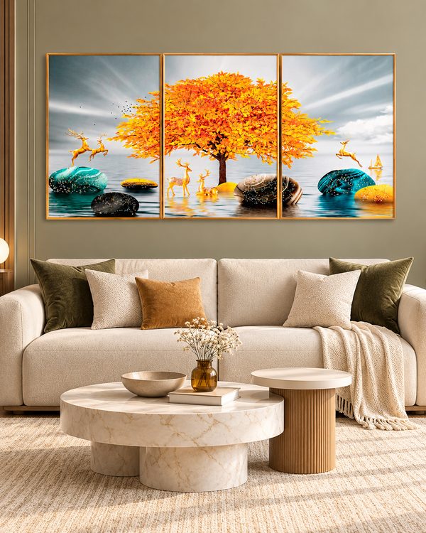 The Golden Glory Framed Crystal Glass Nature Painting - Set of 3