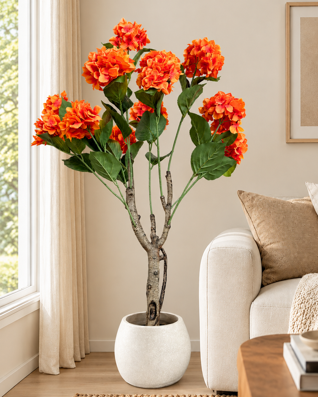 Hydrangea Floral Artificial Indoor Plant For Home - Orange  ( Natural feel )  ( 4.4 Feet )