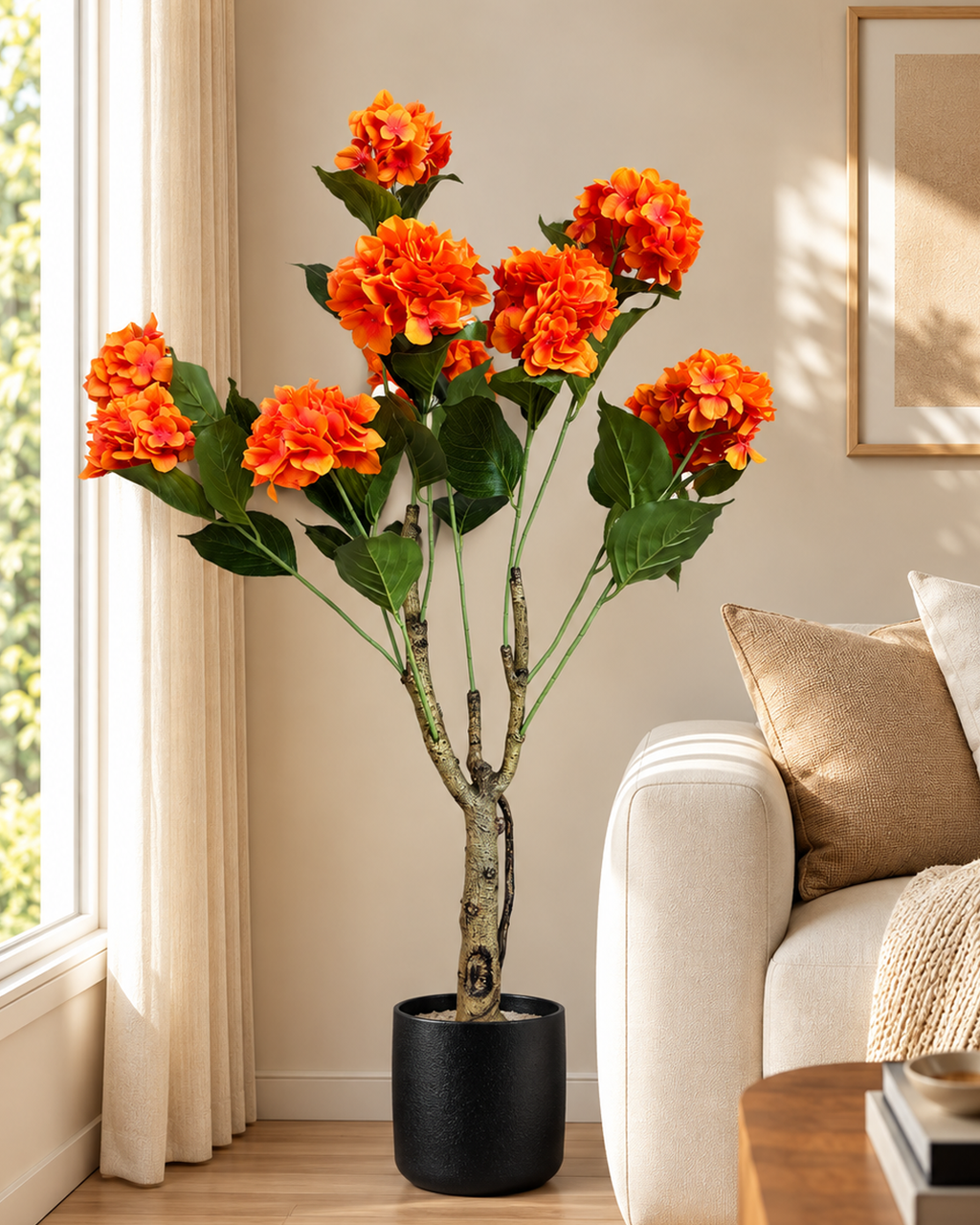 Hydrangea Floral Artificial Indoor Plant For Home - Orange  ( Natural feel )  ( 4.4 Feet )