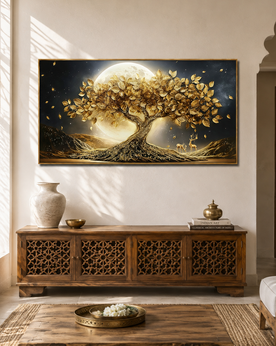Golden Tree of Dreams & The Kalpavriksha Tree Crystal Glass Art Wall Painting For Home Décor