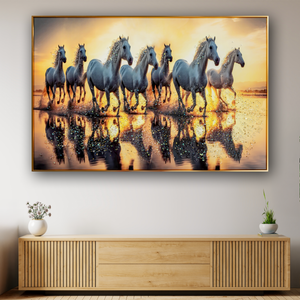 Seven White Running Horses at Sunrise Crystal Glass Painting - Medium