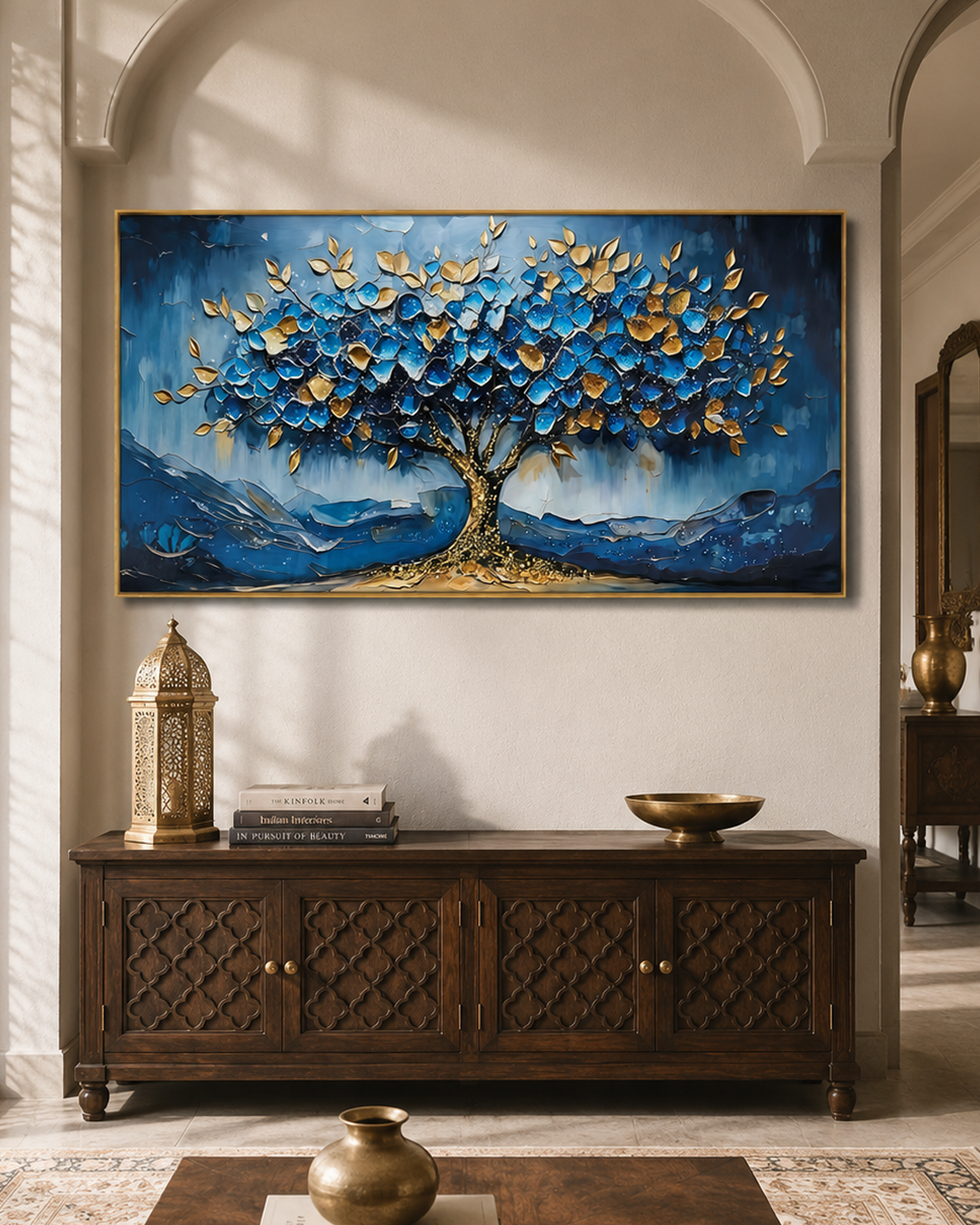 Blue Tree of Prosperity Crystal Glass Art Wall Painting For Home Décor