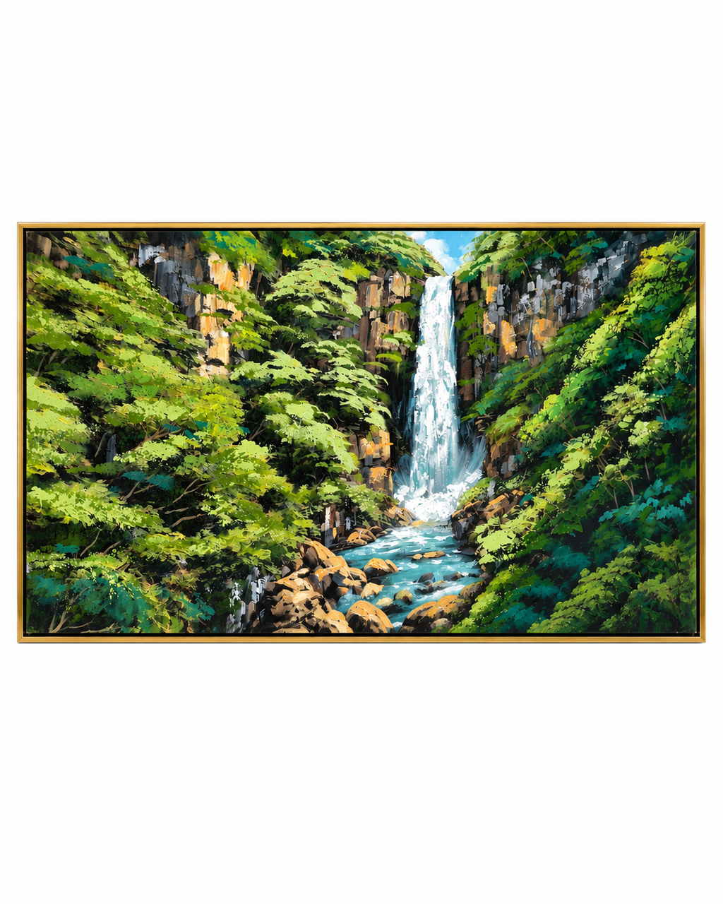 Hidden Falls 100% Hand Painted Wall Painting (With Golden Outer Floater Frame frame) (27.5x55 Inches)