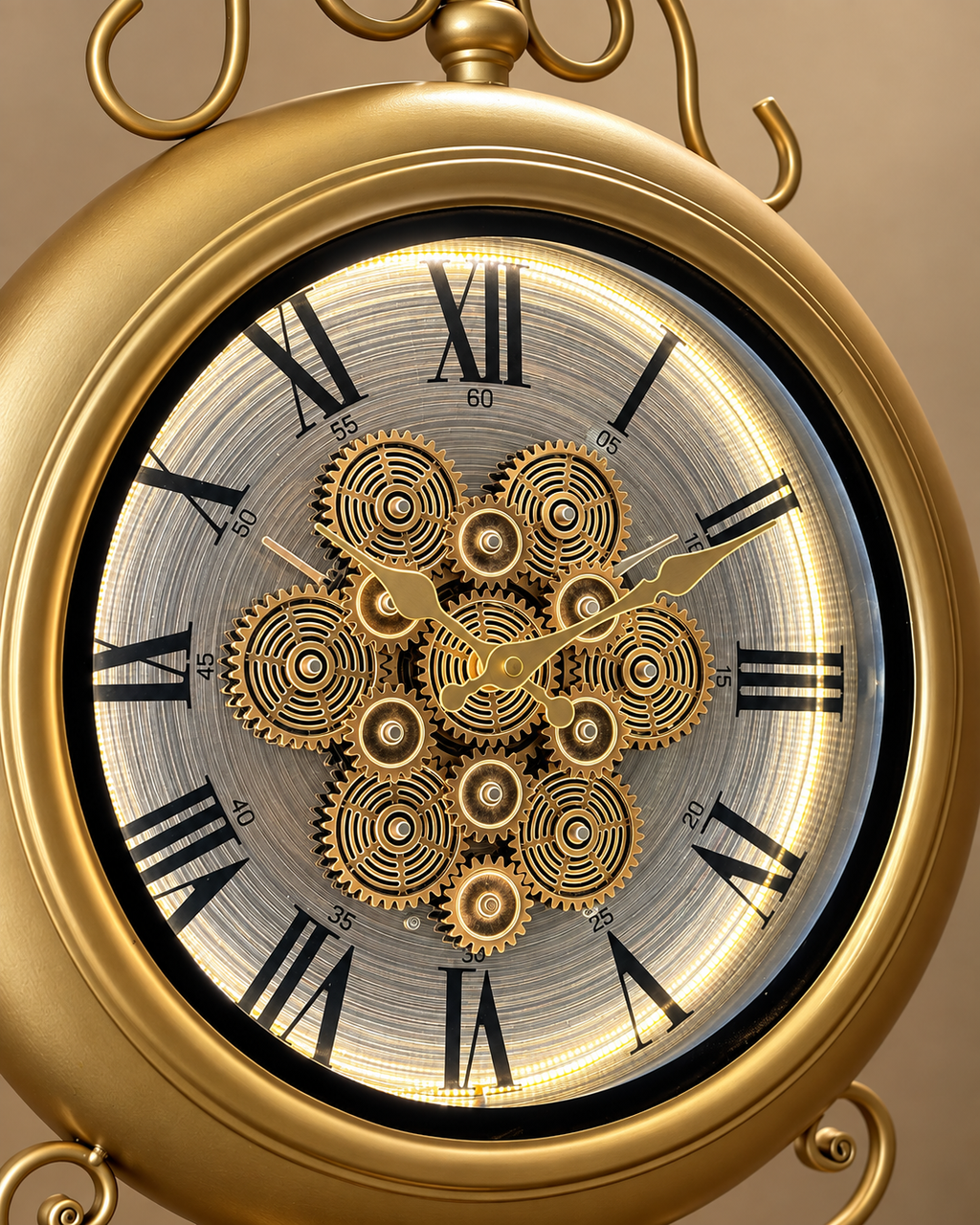 Classic Crown Luxury Designer Silent Movement Standing Clock With Moving Gear Mechanism (Steel Body) (With Light & Remote)