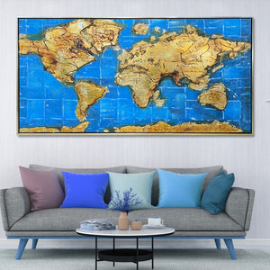 Global Odyssey World Map 100% Hand Painted Wall Painting (With Golden Outer Floater Frame frame) (27.5x55 Inches)
