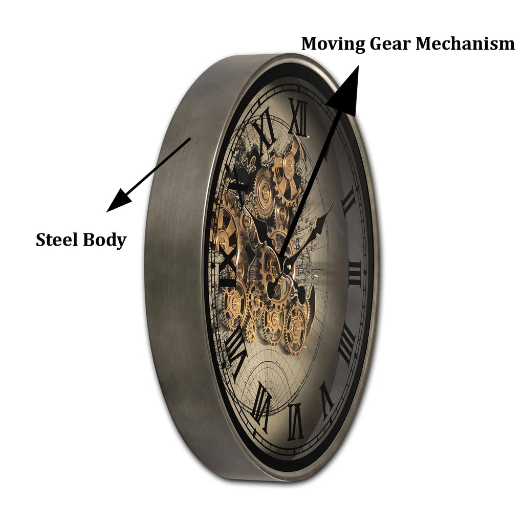 Phantom Dial Luxury Designer Wall Clock For Living Room With Moving Gear Mechanism Buy Wall Clock Online - Big (Black) (Steel Body)