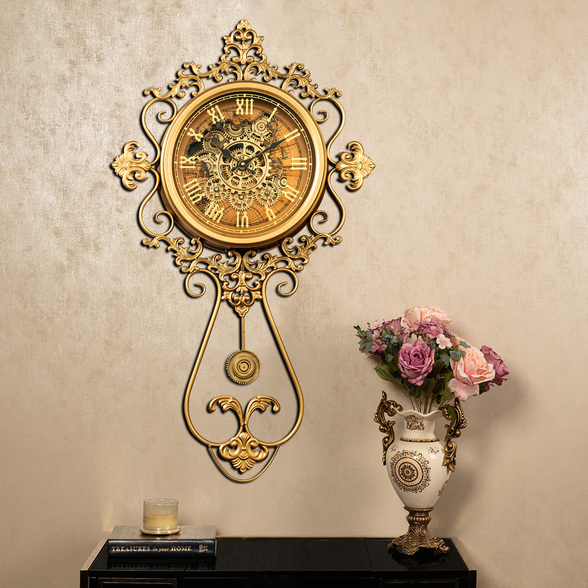 Hour Horizon Luxury Designer Pendulum Clock With Moving Gear/Pendulum Mechanism Buy Wall Clock Online (Steel Body)