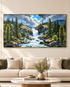 Mountain Waterfall 100% Hand Painted Wall Painting (With Golden Outer Floater Frame frame) (27.5x55 Inches)
