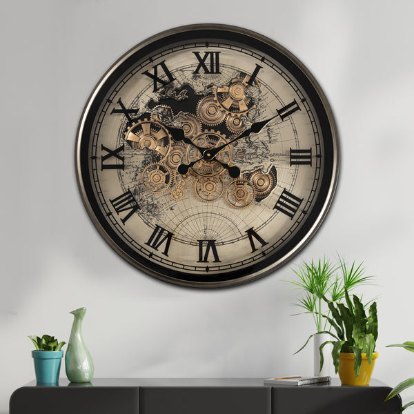 Phantom Dial Luxury Designer Wall Clock For Living Room With Moving Gear Mechanism Buy Wall Clock Online - Big (Black) (Steel Body)