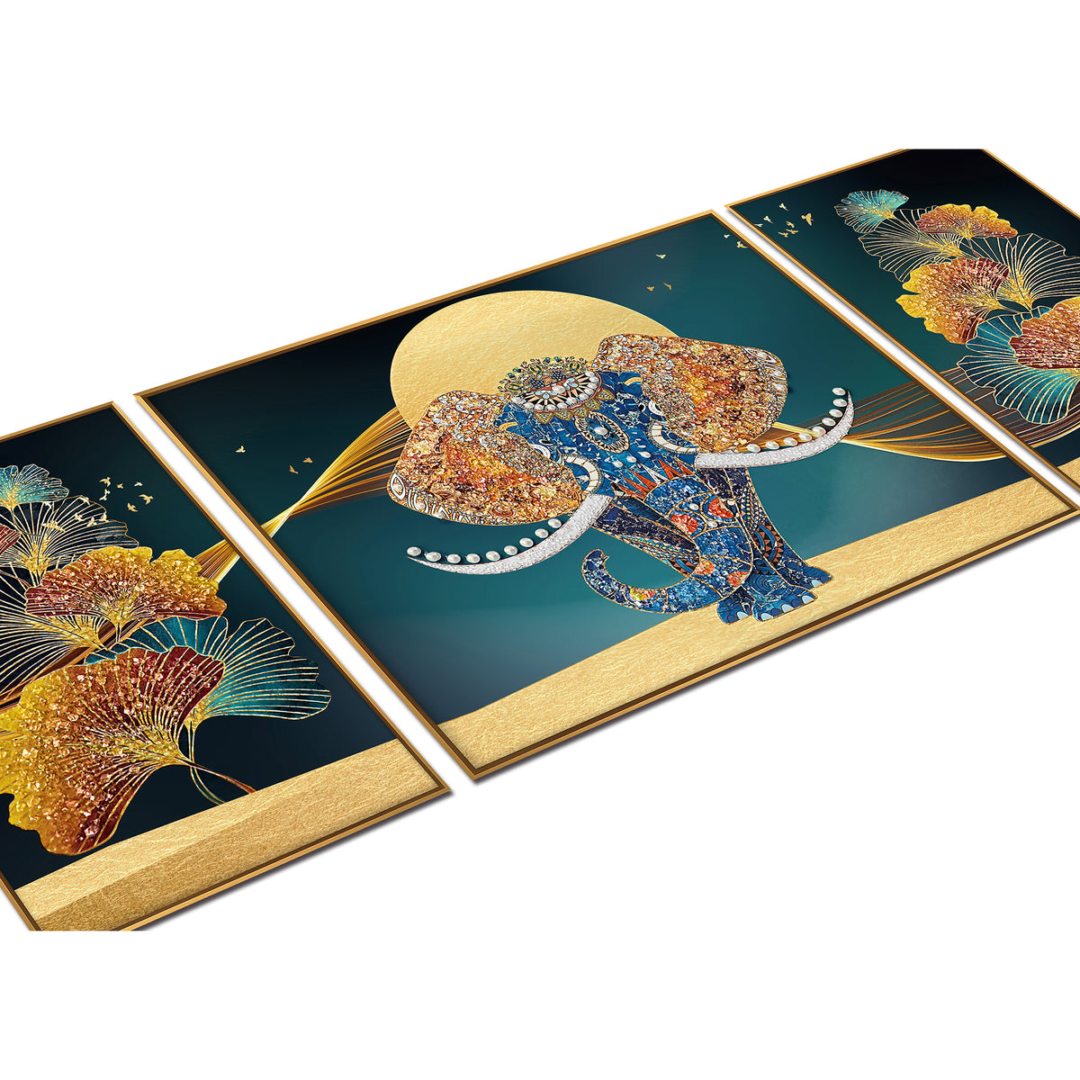 Tusker Reverie Crystal Glass Wall Decor Paintings for Home - Set of 3 (N)
