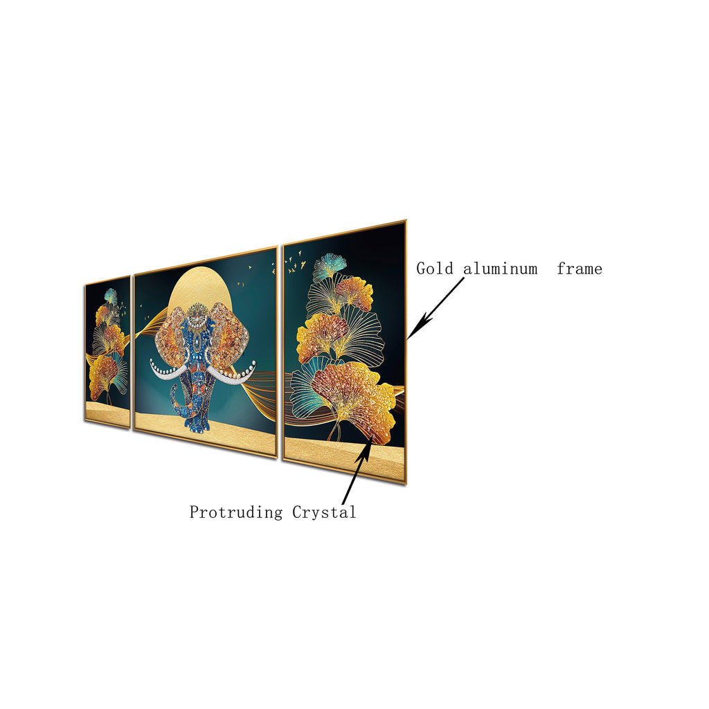 Tusker Reverie Crystal Glass Wall Decor Paintings for Home - Set of 3 (N)