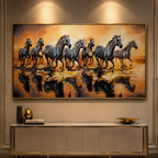 Seven White Running Horses at Sunrise Wall Painting For Home (Comes With an Outer Floater Frame) (63 x 32 Inches) (N)