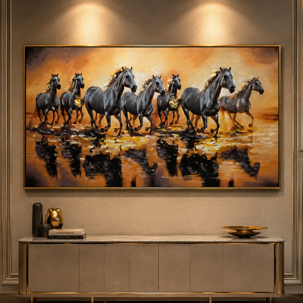 Seven White Running Horses at Sunrise Wall Painting For Home (Comes With an Outer Floater Frame) (63 x 32 Inches) (N)